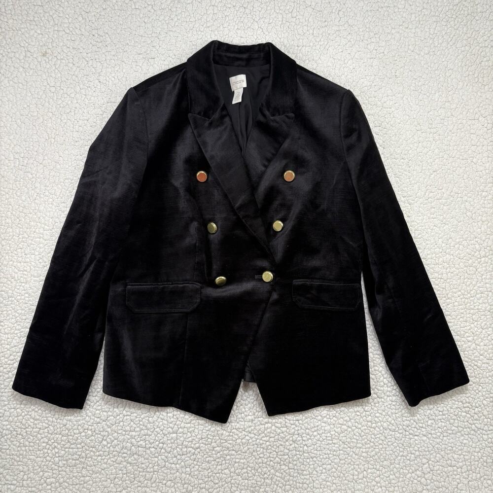 Chico's Black Velvet Blazer Jacket Size 2 L Double Breasted Gold Buttons Holiday